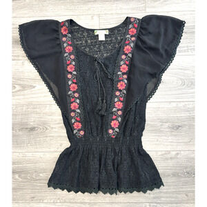 Anthropologie Flying Tomato Top Womens Large Black Lace Embroidered Peasant Boho